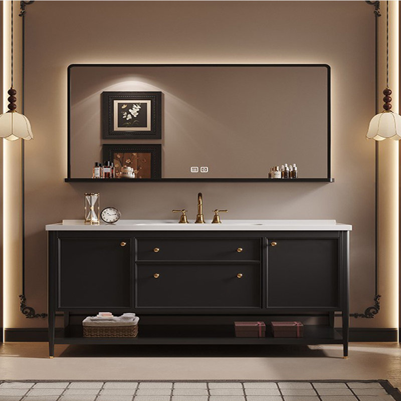 Armoire de salle de bain rétro style français, Noir, H 31,5 po x l 63,39 po x P 19,69 po