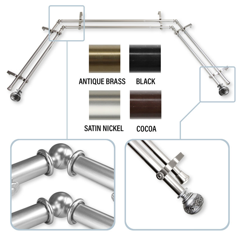 Solon Steel Rod/Resin Finials Adjustable 78'' to 144'' 0.81'' Bay Window Double Curtain Rod, Satin Nickel