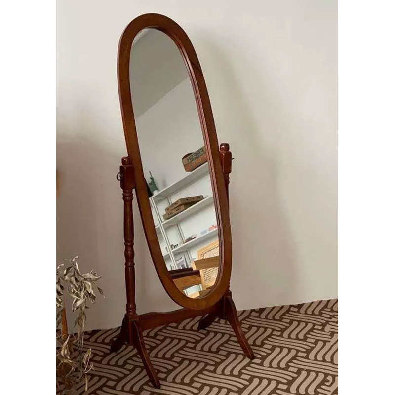 American-Style Retro Oval Solid Wood Frame With Stand Full-Length Mirror