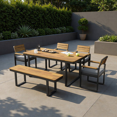 Ensemble de salle à manger 6 pièces en bois d'acacia, 1 table avec 4 chaises et 1 banc pour 6 à 7 personnes, coussins confortables sur les chaises