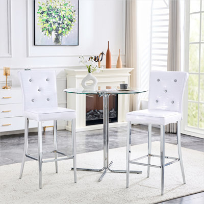 Ensemble de salle à manger à hauteur de bar 2 tabourets blanc rembourré avec table ronde en verre trempé et base en métal argenté, ensemble de coin-repas moderne 3 pièces