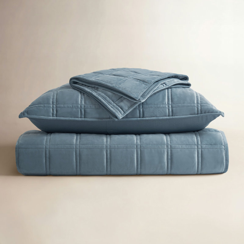 Ensemble de courtepointe en velours double, Lin bleu, Courtepointe très grand + 2 très grandes taies d