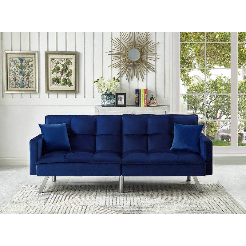 Akie 80" Velvet Square Arm Sofa Sleeper, Blue Velvet