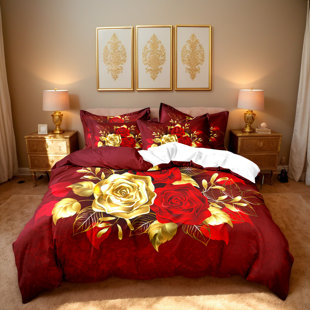 Red and Gold Rose Microfiber Duvet Cover Set with Pillowcases, Digital Print Floral Front on Red Background with White Back, Reversible Bedding, Twin Full Queen King, Comforter and Pillow Inserts Not Included