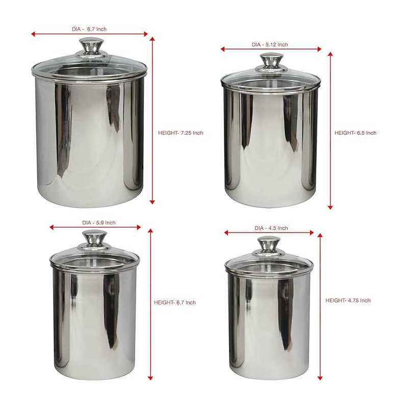 Stainless Steel Food Storage Container with Tempered Glass Lid For Kitchen Counter, Coffee, Tea, Nuts | Shiny Mirror Finish | Set of 4