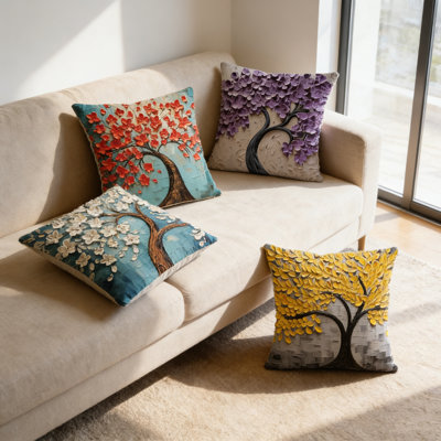 Ensemble de 4 housses de coussin décoratif 18 x 18, art abstrait moderne et coloré, porche, housse de coussin artistique, cadeau de pendaison de crémaillère