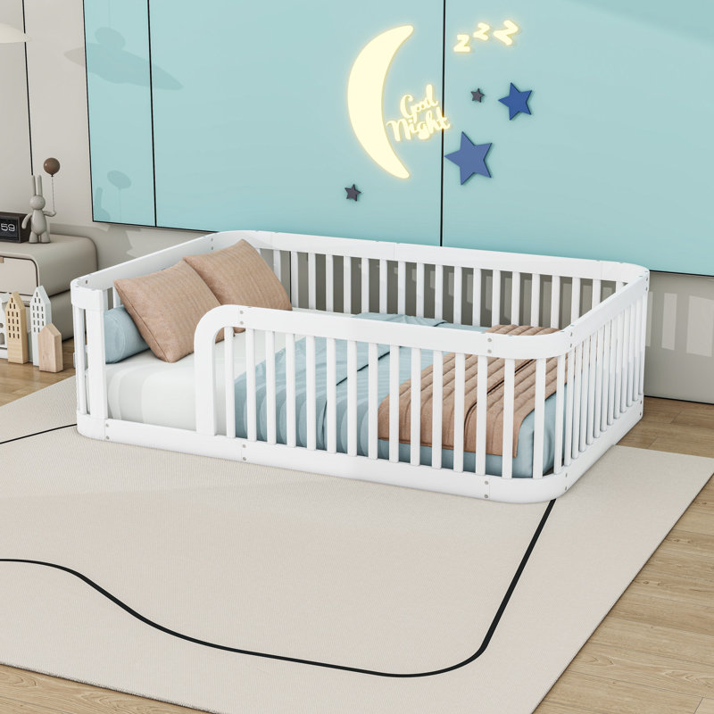 Structure de lit double en bois avec garde-corps, Blanc