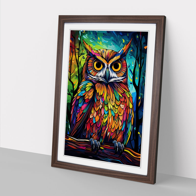 Owl Pop - Single Picture Frame Print on Wood, Walnut , 46cm H x 34cm W x 2cm D