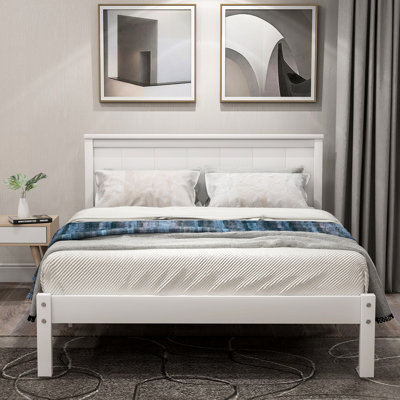 Lit plateforme simple blanc, tête de lit et support à lattes de bois, sommier non requis avec tête de lit, robuste sans sommier, finition