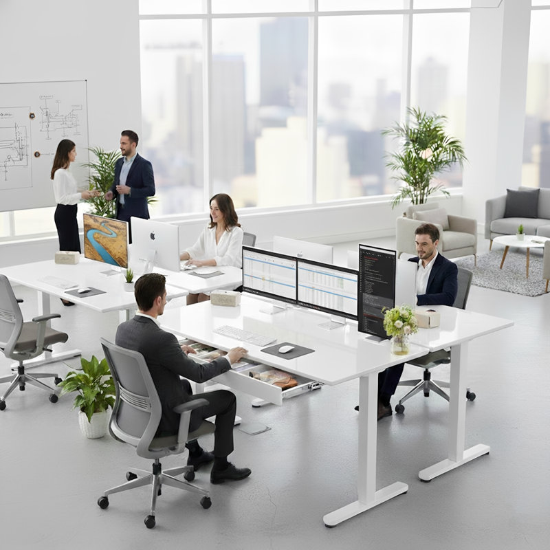 Glass Standing Desk with Writable Surface and Built-In Storage Drawers, Adjustable Height, 28.3" H x 39.4" W x 23.6" D, White