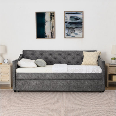 Twin Size Upholstery DayBed with Twin Size Pop-up Trundle and USB Charging Design
