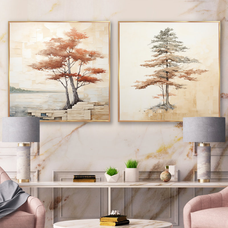 Minimalisme, séquoia beige, ensemble de 2 collages carrés de séquoia, Cadre flottant doré, H 30 po x l 61 po