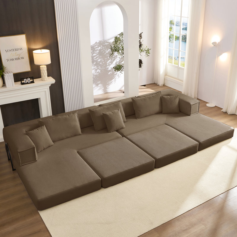 Surdimensionné en forme de L modulaire, brun de 118,2 po, revêtement en velours côtelé, 6 coussins, idéal pour la vie résidentielle, mousse à densité élevée de haute qualité, installation sans effort