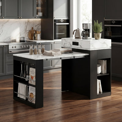 A Multi-Functional Combination Unit In Black And Marble White, Featuring A Retractable Dining Table With A Folding Tabletop, A Bar Counter With Drawers And Sockets, A Kitchen Island With Casters And Hooks, And A Sideboard.
