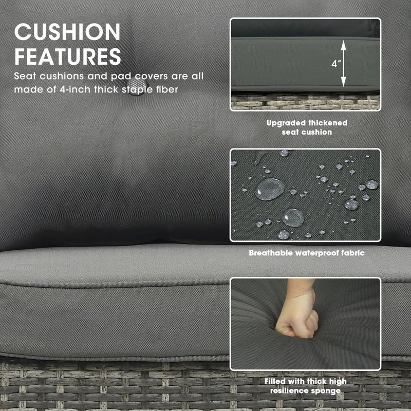 Causeuse d'extérieur en rotin avec coussins, Gris foncé, Gris