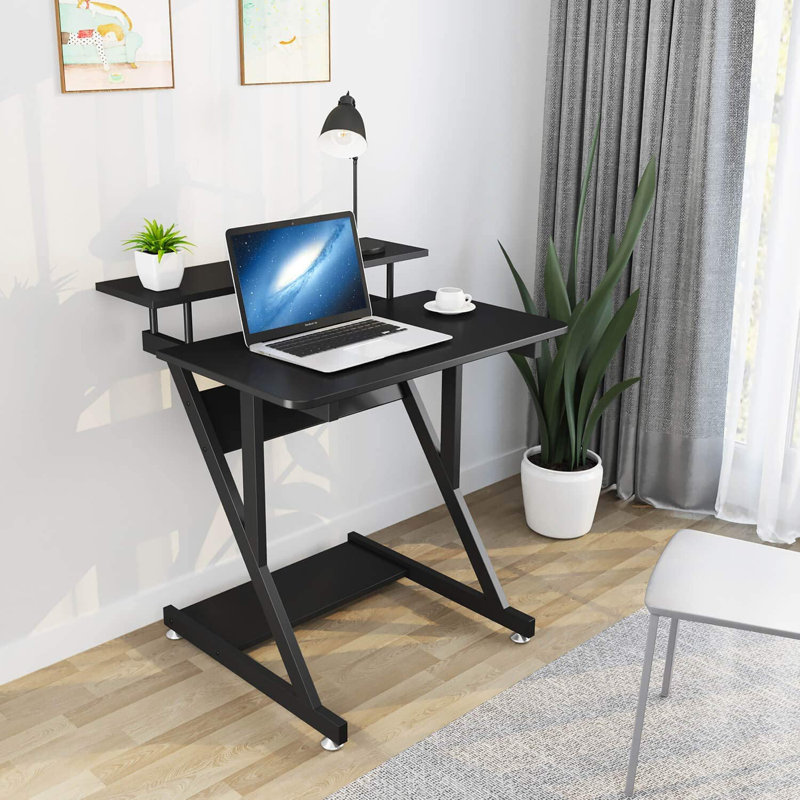 Computer Desk with Monitor Shelf - Mobile Z Shaped Home Office Desk with Storage Shelves and Movable Wheels for Small Spaces, Compact Corner Desk Space-Saving
