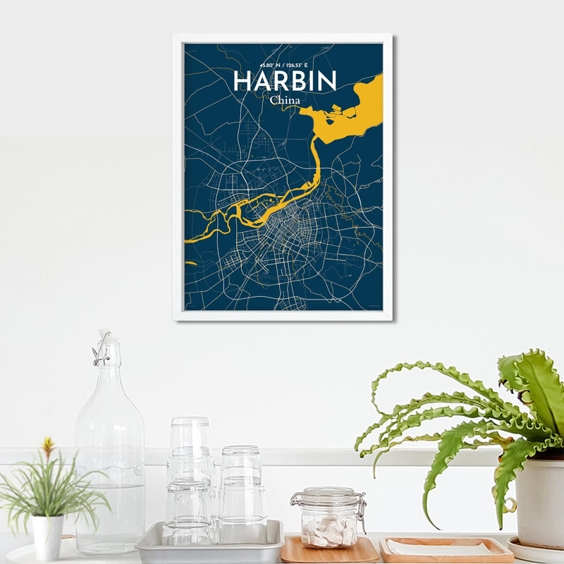 «Harbin City Map», impression, Bleu / Jaune, H 24 po x l 18 po