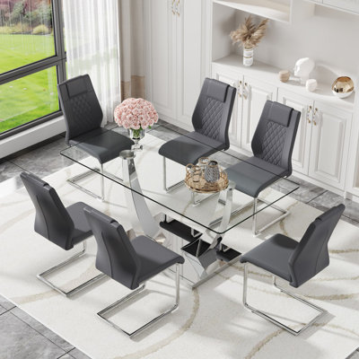 Ensemble de table de salle à manger de 63 po en verre pour 4 personnes, ensemble de table de salle à manger pour 4 personnes, table de cuisine moderne et chaises en cuir synthétique pour 4 personnes, table de salle à manger avec plateau rectangulaire en verre trempé et base argentée.