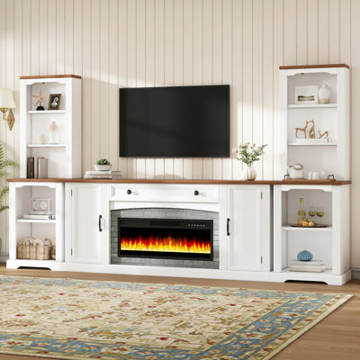 3-Piece Entertainment Centre With Mantel - Electric Fireplace Heater For Tvs Up To 70", Walnut TV Stand Set With Storage, Farmhouse TV Cabinet With Bookshelves For Living Room