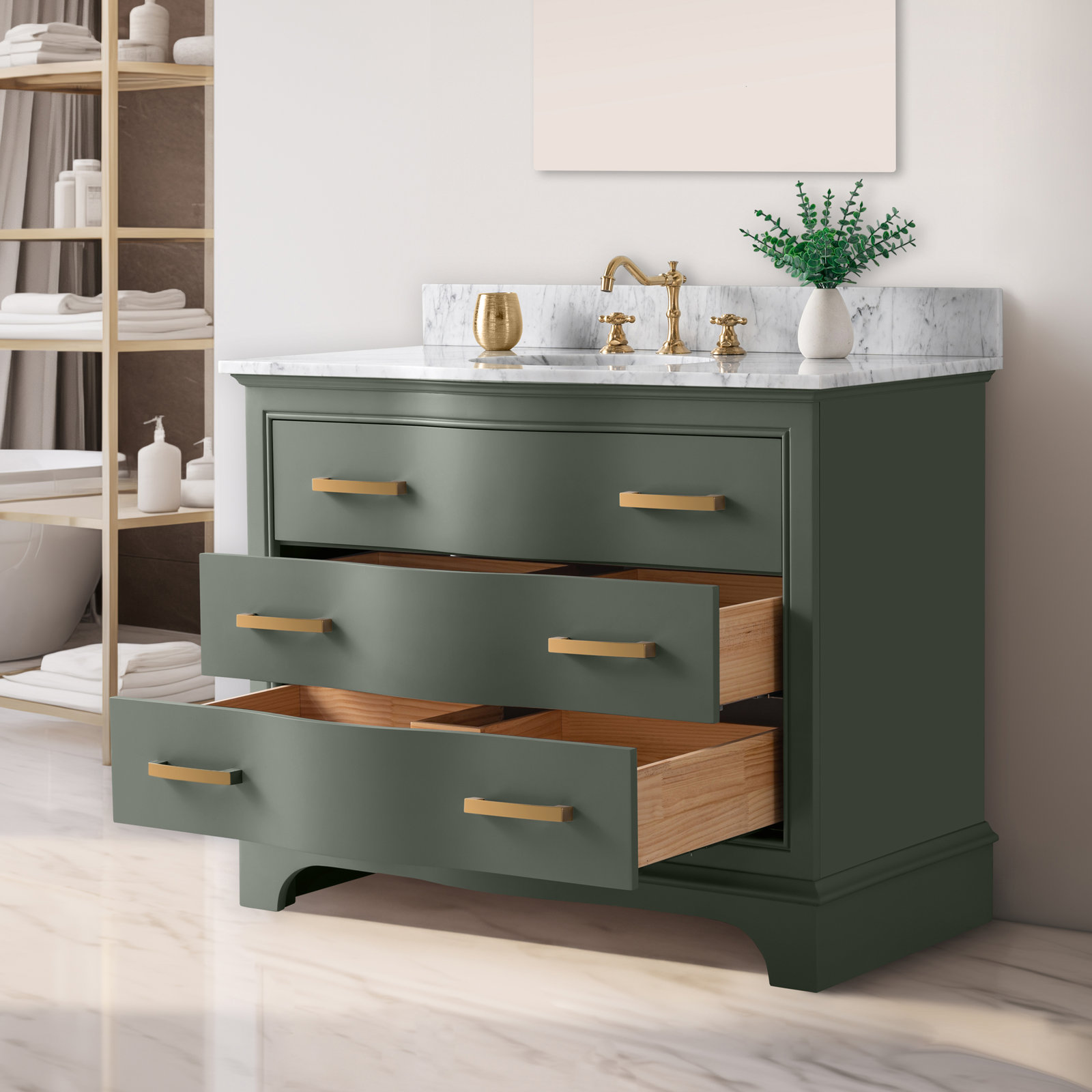Goleta 42" Single bathroom Vanity with Marble Top, Vintage Green/Brushed Gold