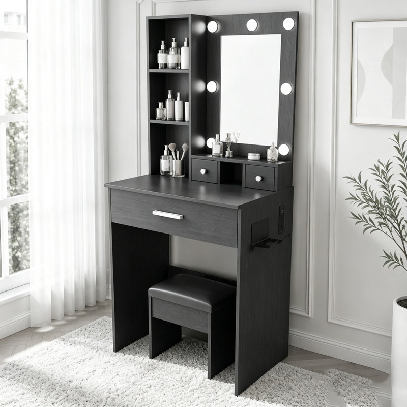 Coiffeuse compacte avec miroir DEL et support pour sèche-cheveux, Noir