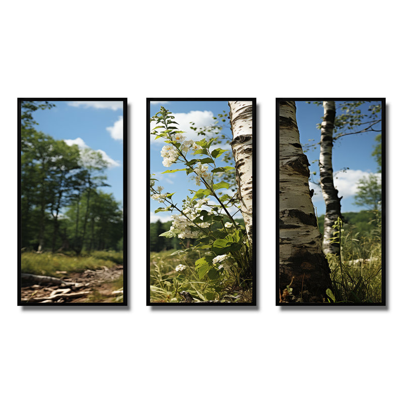 Birch Tree Forest Essence 3 - Art mural arbre, Cadre flottant noir, H 28 po x l 36 po x P 1 po