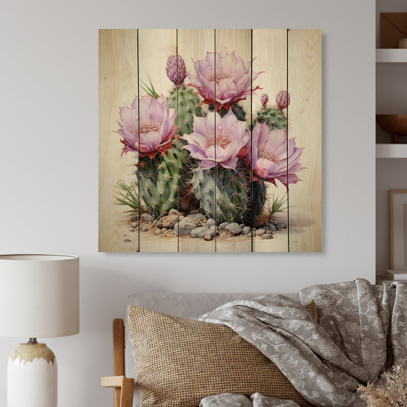«Kamare Pink Green Cactus Delicate Intricacies II» sur bois, H 35 po x l 35 po x P 0,78 po
