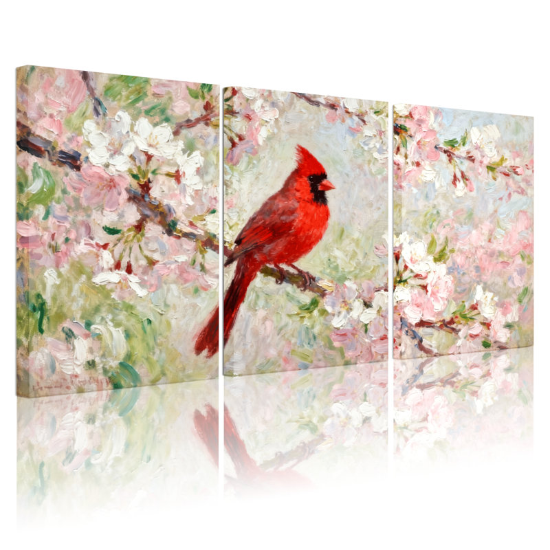 Oiseaux, cardinal rouge perché sur une branche de fleur, ensemble de 3 impressions sur toile, H 24 po x l 48 po