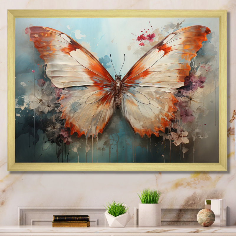 Orange White Butterfly Butterflys Flight II - Animals Canvas Art Print, Toile avec cadre photo doré