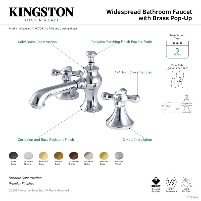 Robinet de salle de bain espacé à deux poignées à fixation sur le comptoir à 3 trous avec bonde escamotable en laiton Kingston