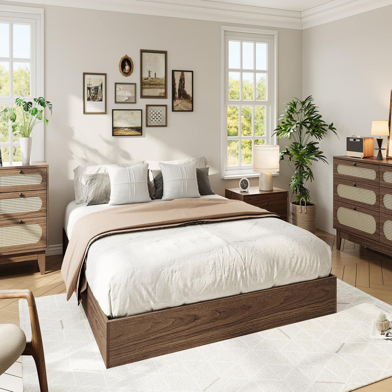 Base de lit plateforme simple en bois, base de lit en bois sans tête de lit, support en lattes de bois, Tan
