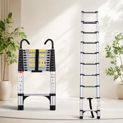 Échelle télescopique, échelle télescopique à boutons en aluminium de 9,5 pieds avec 2 stabilisateurs triangulaires et crochets, échelle polyvalente, capacité de charge maximale de 330 livres