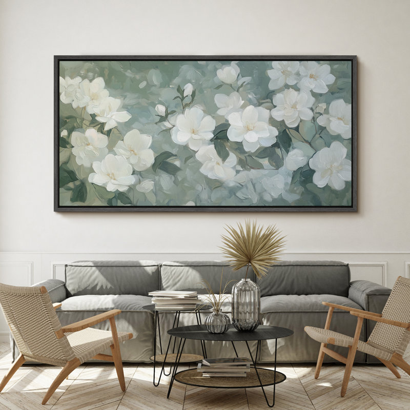 Magnolia Flowers Bedroom Artwork, Green Floral Wall Pictures, Giclee Canvas Digital Print Extra Large Framed Wall Art, Black