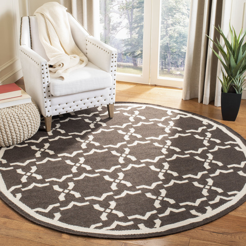 Rodgers Hand Woven Flat Weave Wool/Cotton Geometric Rug in Chocolate, Round 8'