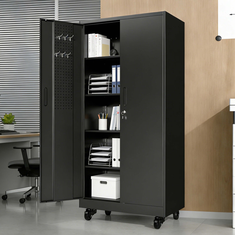 Armoire de rangement en métal robuste avec portes et roulettes