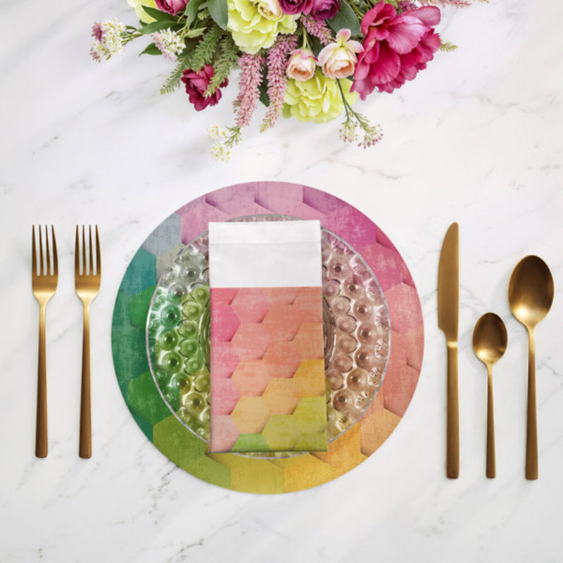 Serviettes de table en satin de coton Hex, Rose / jaune / vert