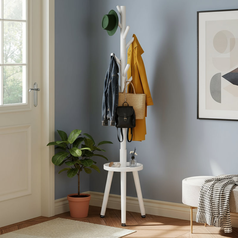 White Wooden 8-Hook Coat Rack, Freestanding With Shelf, 4 Adjustable Heights Stores Various Items, White