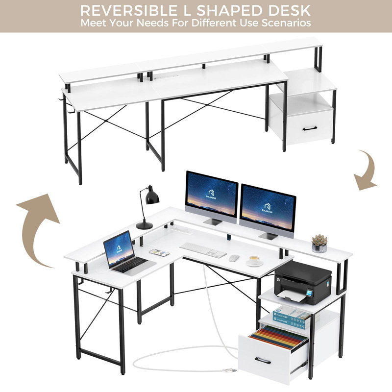 Bureau en L avec prises intégrées, Blanc / noir