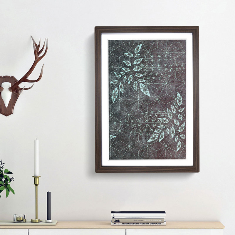Japanese Geometric Leaf Design - Picture Frame Graphic Art Print, 48cm H x 36cm W x 2cm D, Walnut Framed