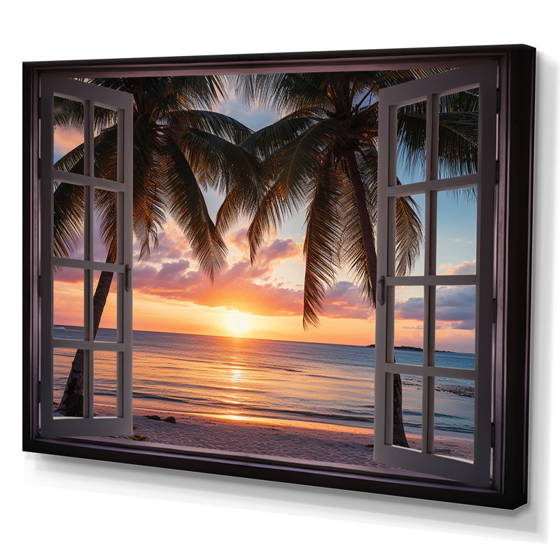 Coucher de soleil sur l'océan tropical à travers une fenêtre blanche ouverte I - art encadré côtier, Toile tendue