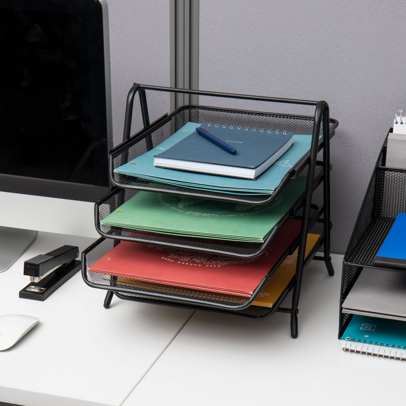 Mind Reader 4-Tier Paper Tray, Desktop Organizer, File Storage, Workspace, Office, Metal Mesh, 12"L x 13.75"W x 12.5"H, Black