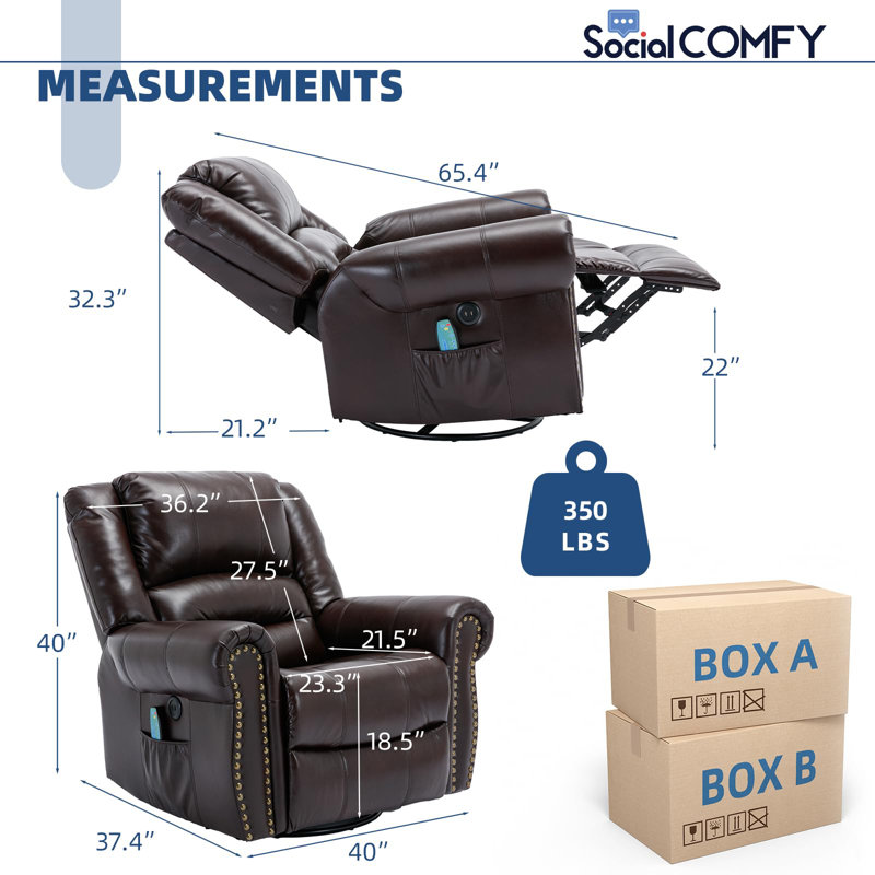 Heated Massage Swivel Rocking Recliner, Brown (Leathaire)
