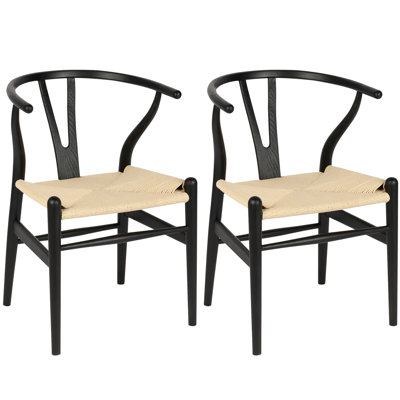 Wishbone Solid Ash Wood Y-Back Dining Armchairs, Set of 2, Handwoven Paper Cord Seats, Black Frame + Natural Cord