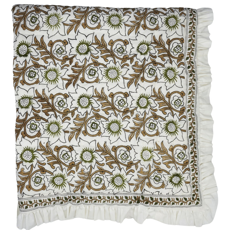 Literie bohème de luxe à motif floral en tissu imprimé Fab Fabine pour chambre et canapé, Brun / vert / blanc, Lit simple