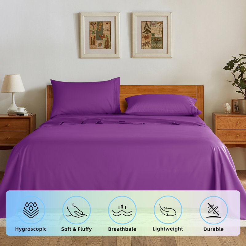 Microfiber Sheet Sets 4 Pieces, Purple, CalKing SheetSet 1FittedSheet & 2KingPillowcase