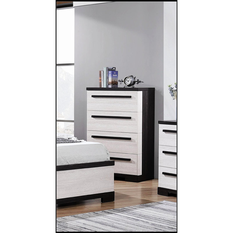 Commode contemporaine à 4 tiroirs 1Pc avec finition craie blanche et noire, mobilier de rangement en bois durable