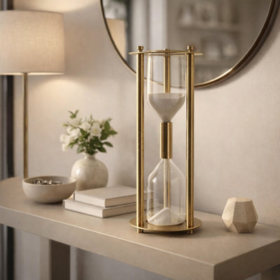 Decorative Glass Round Hourglass Sandtimer With Metal Support Rods For Office Decor - Sculptural Home Accent For Living Room Or Shelf Decoration - Gold