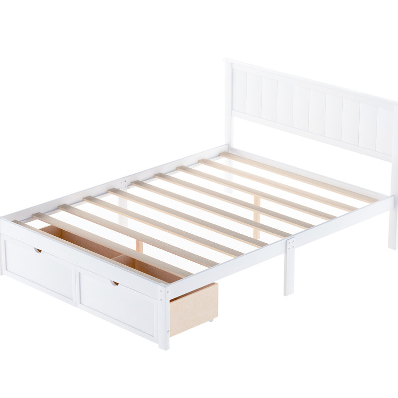 Lit plateforme double en blanc avec sous-tiroirs exceptionnels - pin artisanal et pour une chambre à coucher unique