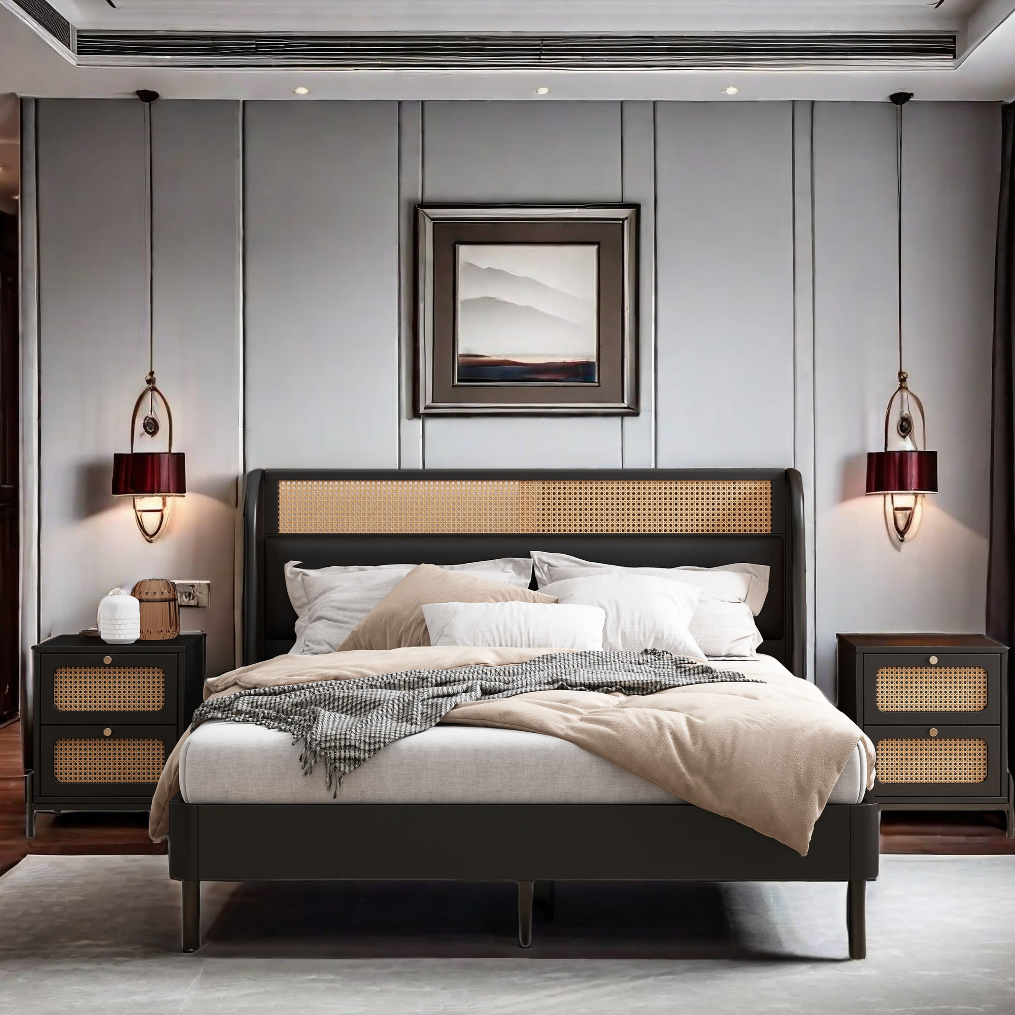 Disney 3 Piece Bedroom Sets Included Rattan Platform Bed and 2