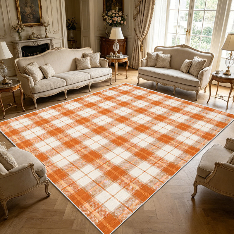 1PC Orange and White Plaid Area Rugs, Soft and Comfortable, easy-to-maintain, machine washable Indoor floor mat, suitable for living room, bedroom, dining area, kitchen, entryway, patio, porch, backyard Home Decor, Outdoor Decor.
